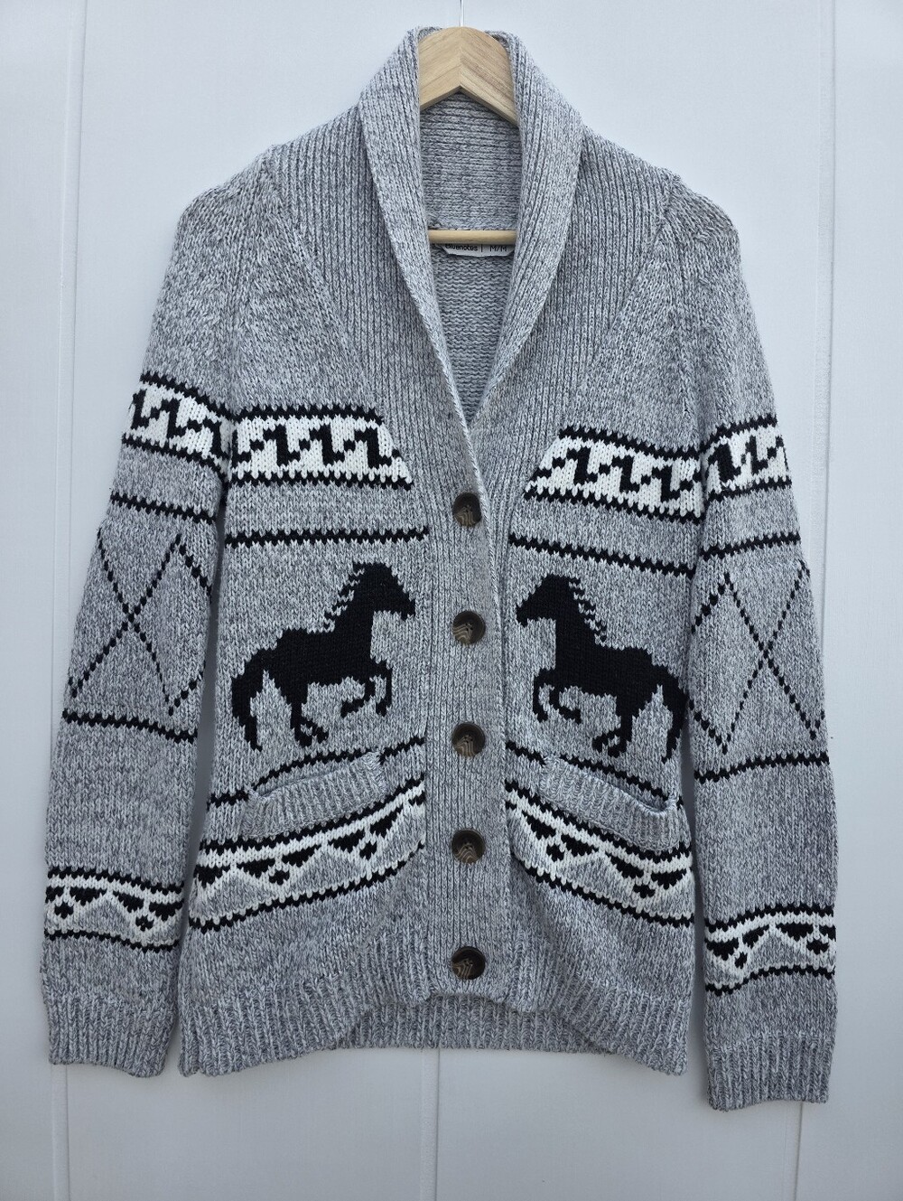Bluenotes Wild Horse Stallion Button Front Grey Cardigan Sweater Womens Medium